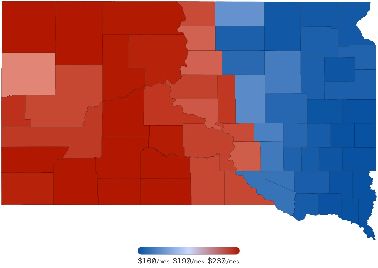 Tarifas de Seguro de Auto en South Dakota por Condado – junio de 2026